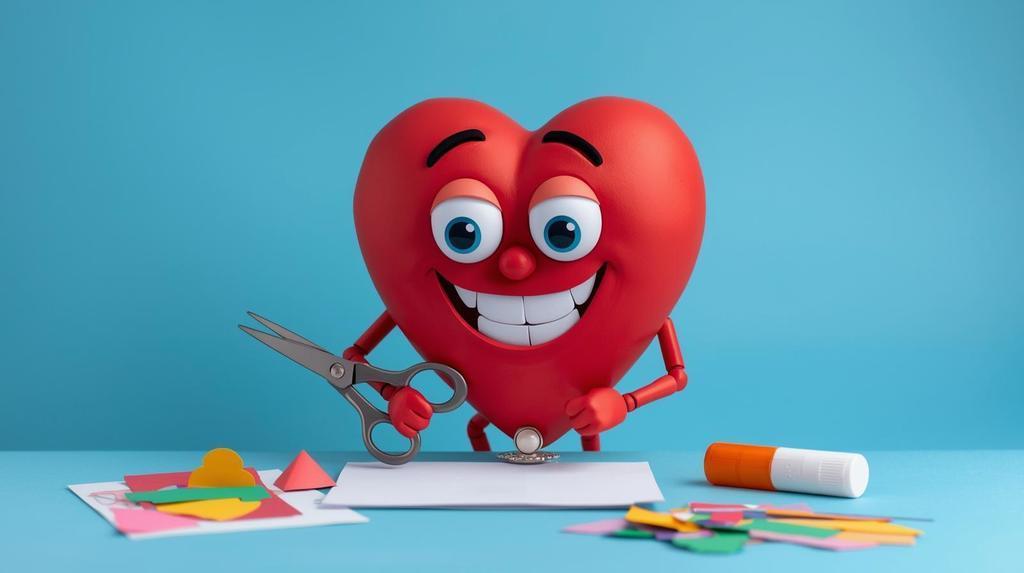 A heart with a smile holding scissors and making a card. 