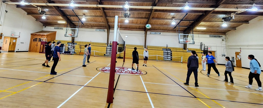 group of students plays volleyball in a gym