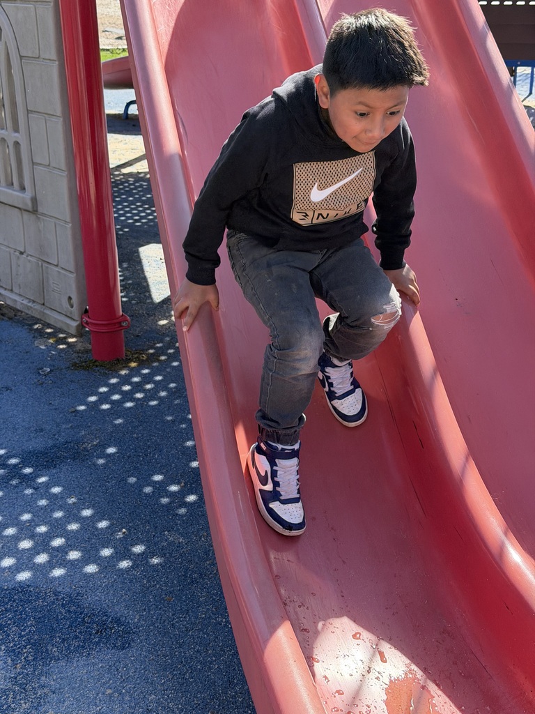 Student runs down slide.