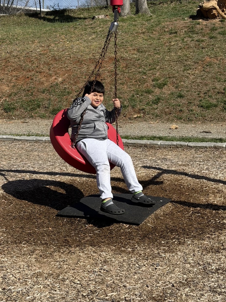 Student smiles on tire swing.