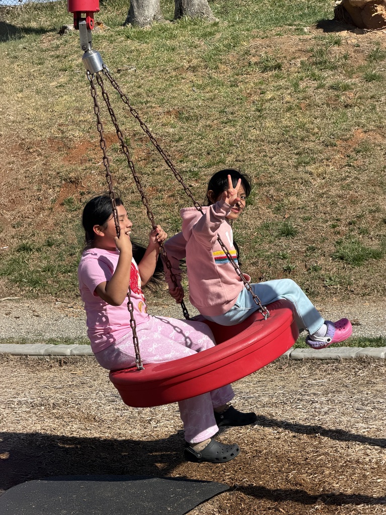 Students smile on tire swing.