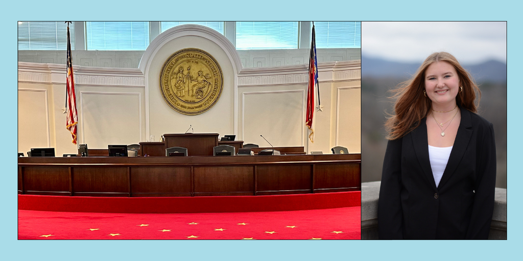 Pic of NC Senate chamber next to photo of M. Pomeroy