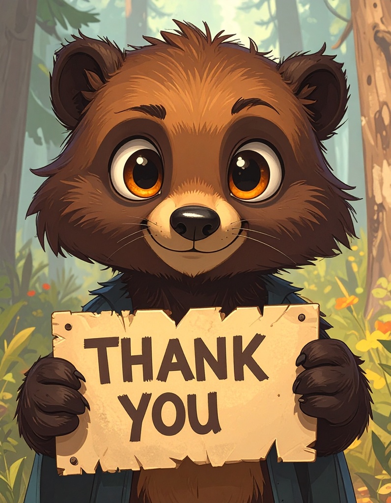 A wolverine holding a thank you sign. 