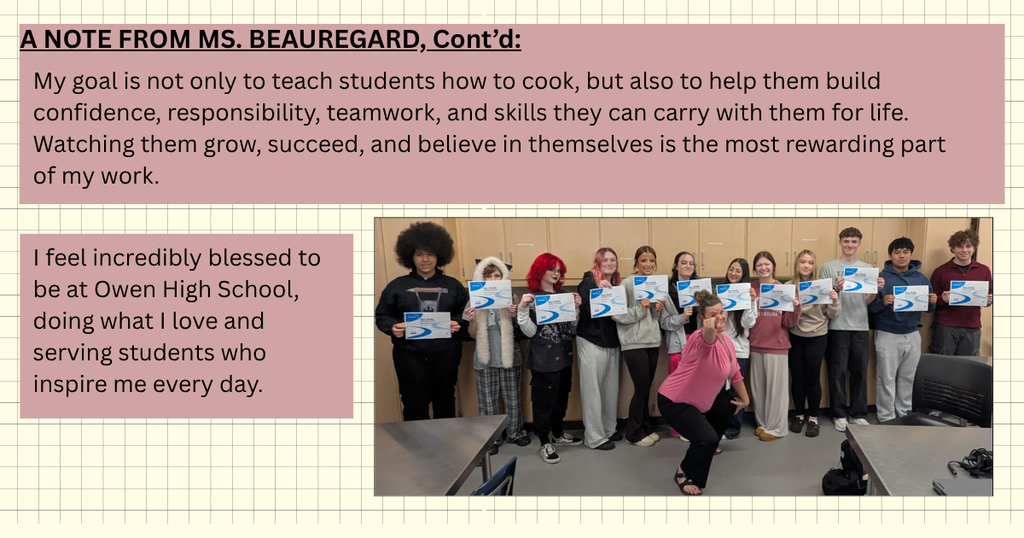 OHS educator spotlight: Ms. Beauregard, includes a teacher photo and info about what she teaches