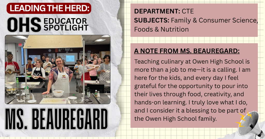 OHS educator spotlight: Ms. Beauregard, includes a teacher photo and info about what she teaches