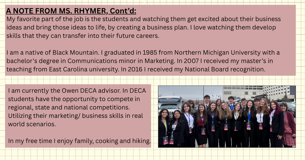 OHS educator spotlight: Ms. Rhymer, includes a teacher photo and info about what she teaches