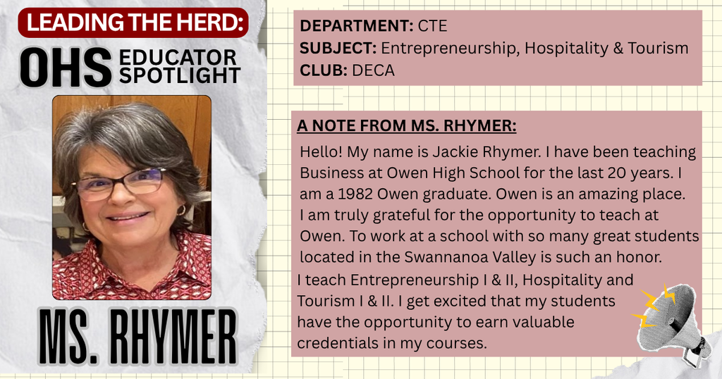OHS educator spotlight: Ms. Rhymer, includes a teacher photo and info about what she teaches