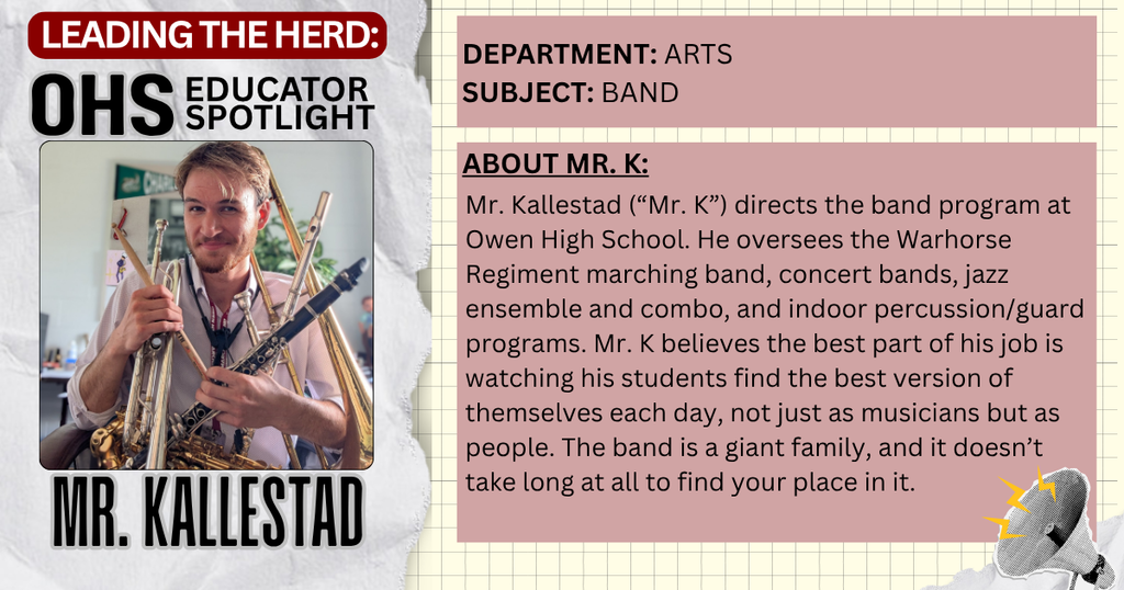 photo and biographical info of Mr. Kallestad, OHS band teacher