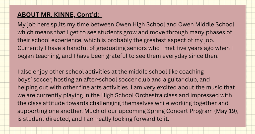 more bio info about Mr. Kinne, OHS orchestra teacher