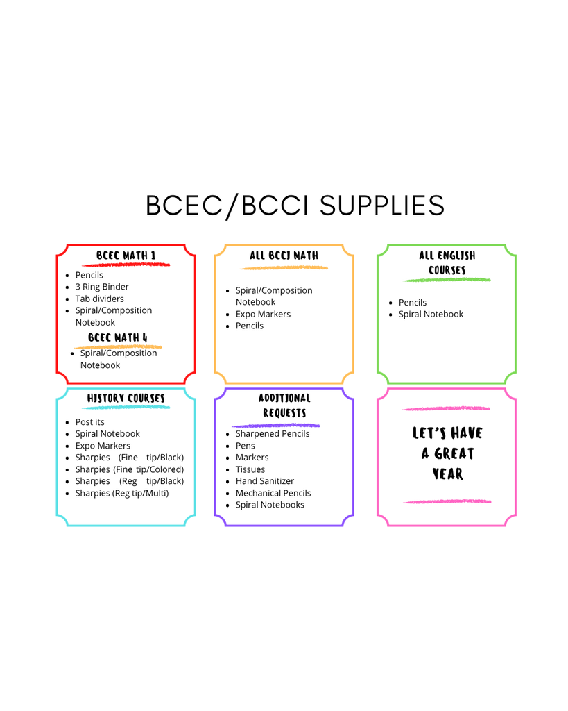 BCEC/BCCI school supplies list (contact the school for more info) 