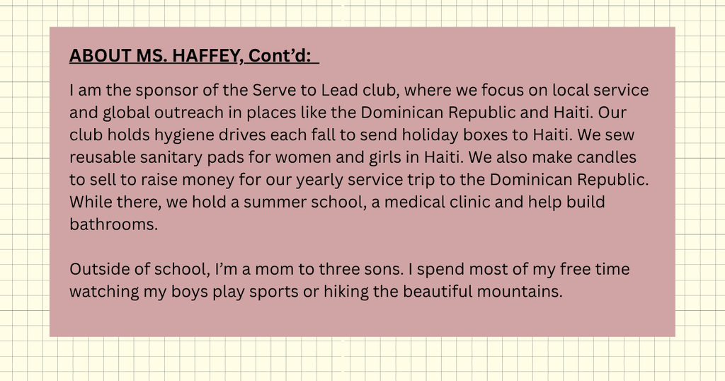 OHS educator spotlight: Ms. Haffey, includes a teacher photo and info about what she teaches