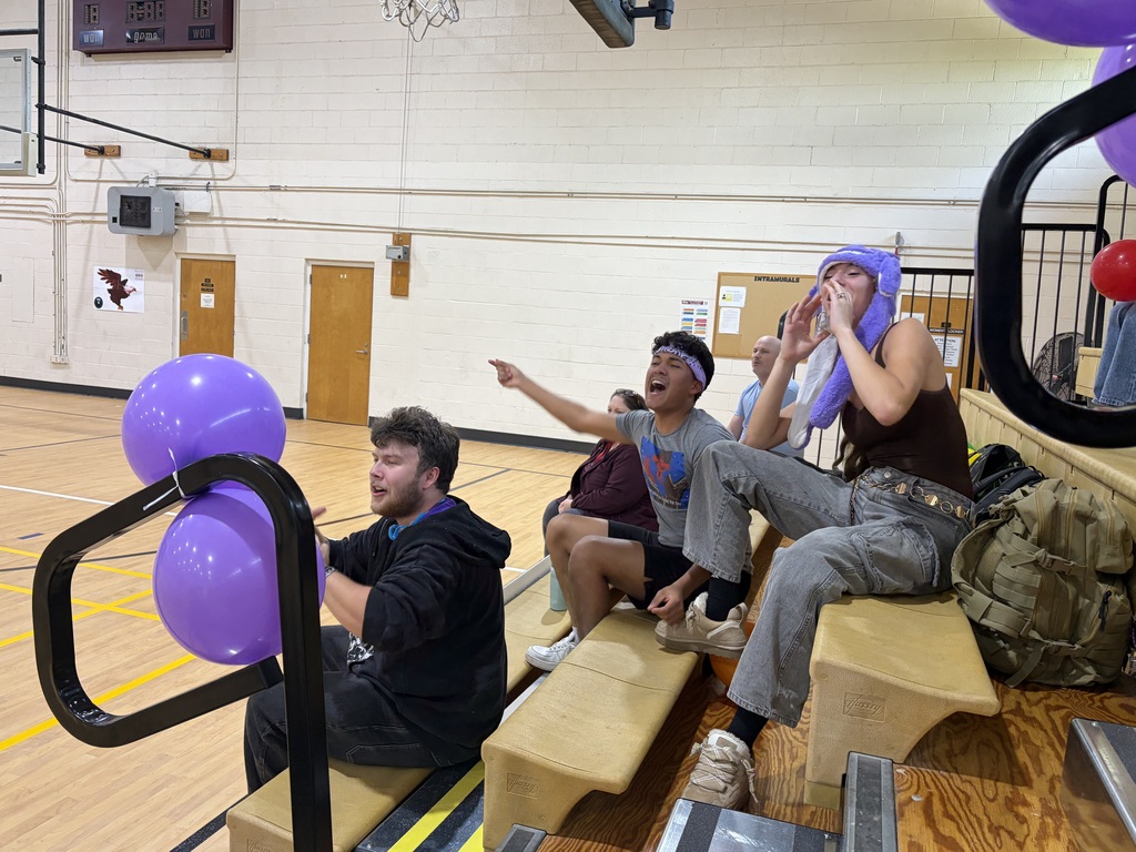 group of students sitting in gym bleachers and cheering 