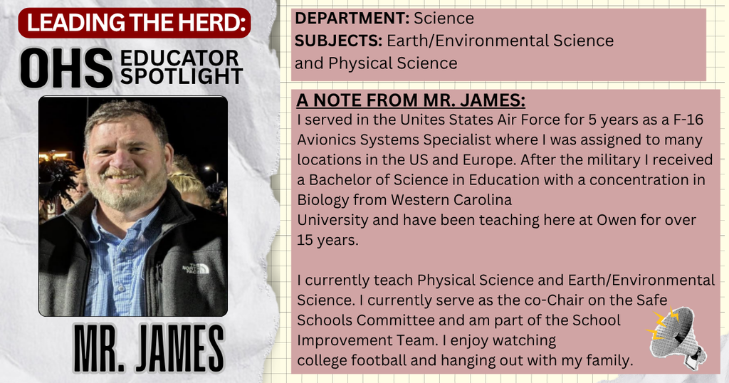 Leading the Herd Staff Spotlight: Photo and Bio info about Mr. James, OHS Science Teac her