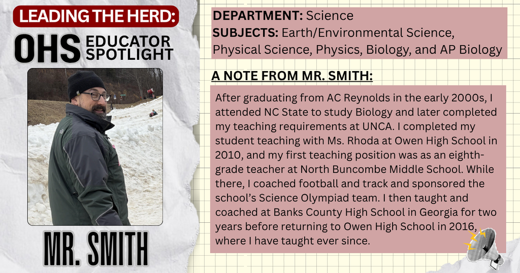 Leading the Herd Staff Spotlight: Photo and Bio info about Mr. Smith, OHS Science Teac her