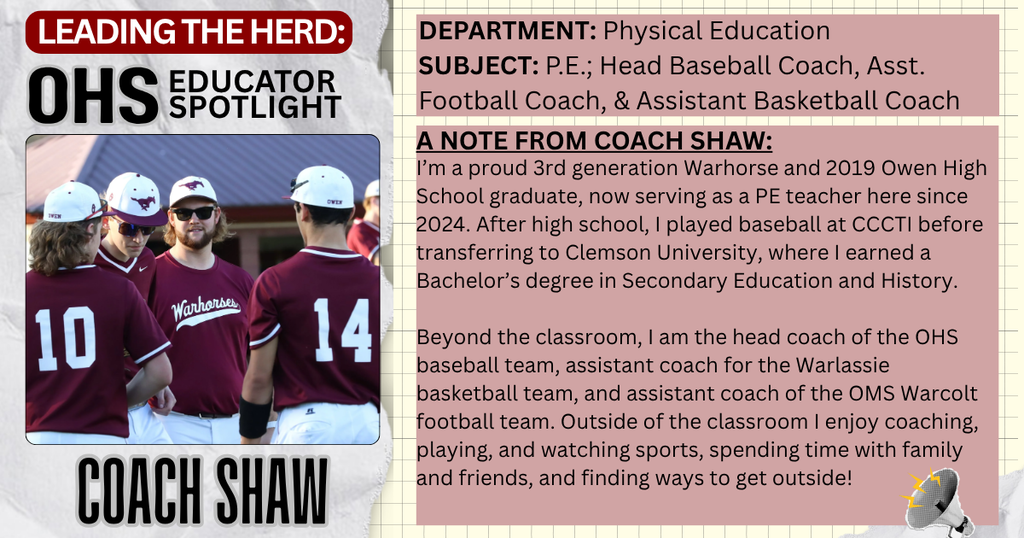 Educator spotlight: pic and bio info about Coach Shaw