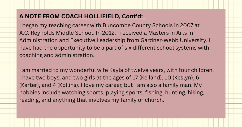 Educator spotlight: pic and bio info about Coach Hollifield
