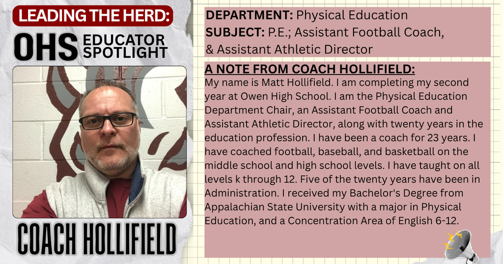 Educator spotlight: pic and bio info about Coach Hollifield