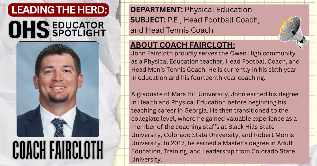 Educator spotlight: pic and bio info about Coach Faircloth
