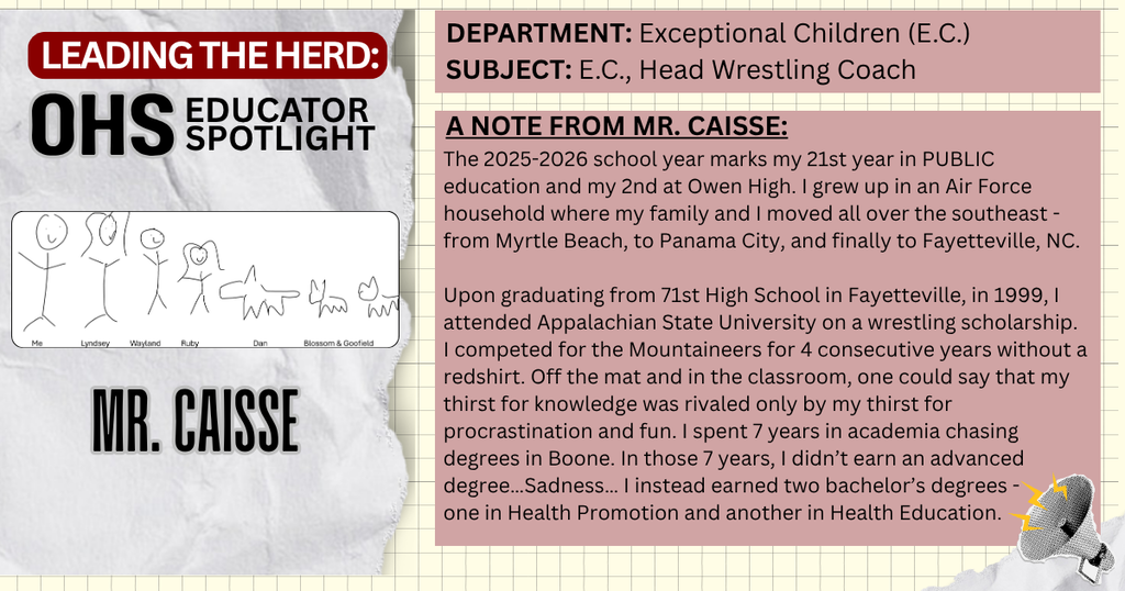 Leading the Herd Staff Spotlight: Photo and Bio info about Mr. Caisse, EC Teacher and Head Wrestling Coach