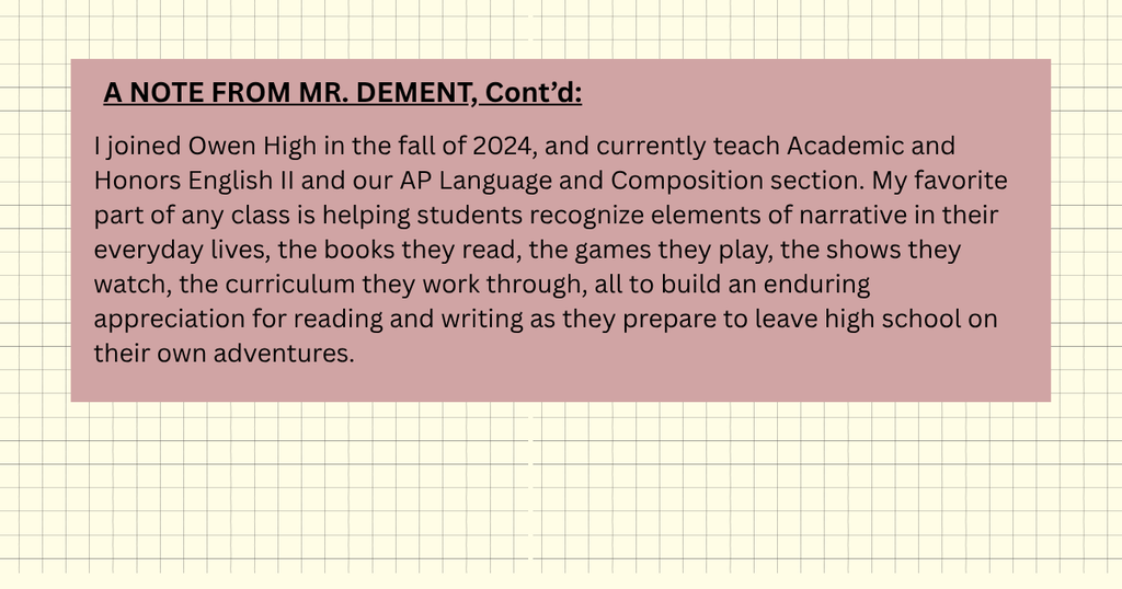 Leading the Herd Staff Spotlight: Photo and Bio info about Mr. Dement, English teacher
