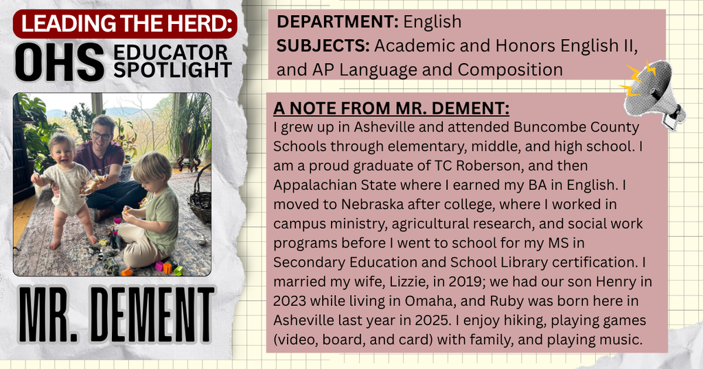 Leading the Herd Staff Spotlight: Photo and Bio info about Mr. Dement, English teacher
