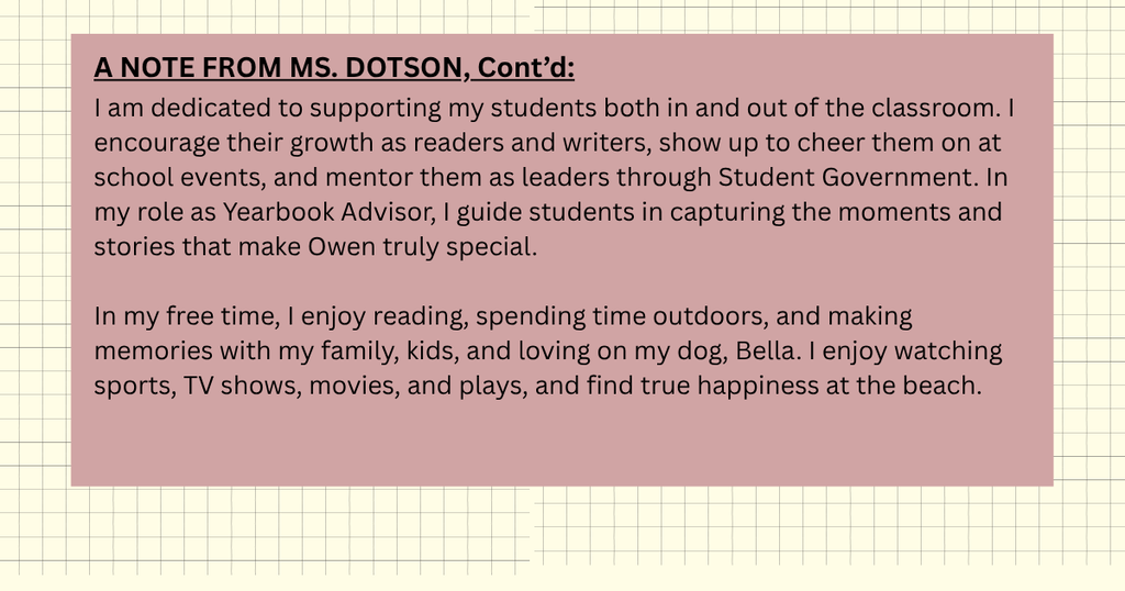 Leading the Herd Staff Spotlight: Photo and Bio info about Ms. Dotson, English teacher, Yearbook and SGA advisor