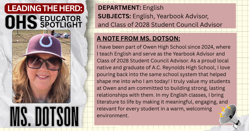 Leading the Herd Staff Spotlight: Photo and Bio info about Ms. Dotson, English teacher, Yearbook and SGA advisor