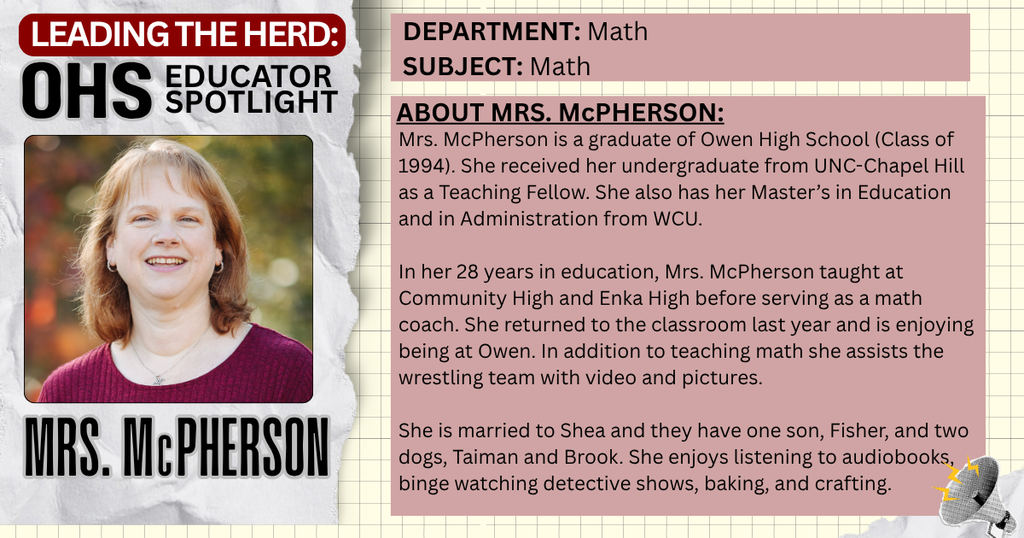 Leading the Herd Staff Spotlight: Photo and Bio info about Ms. McPherson, math teacher