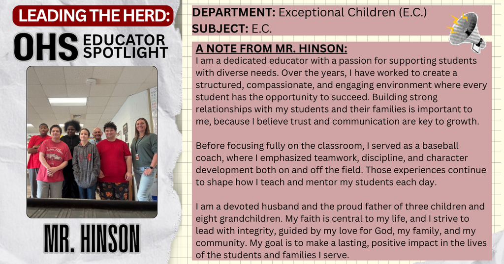 Leading the Herd Staff Spotlight: Photo and Bio info about Mr. Hinson, EC teacher