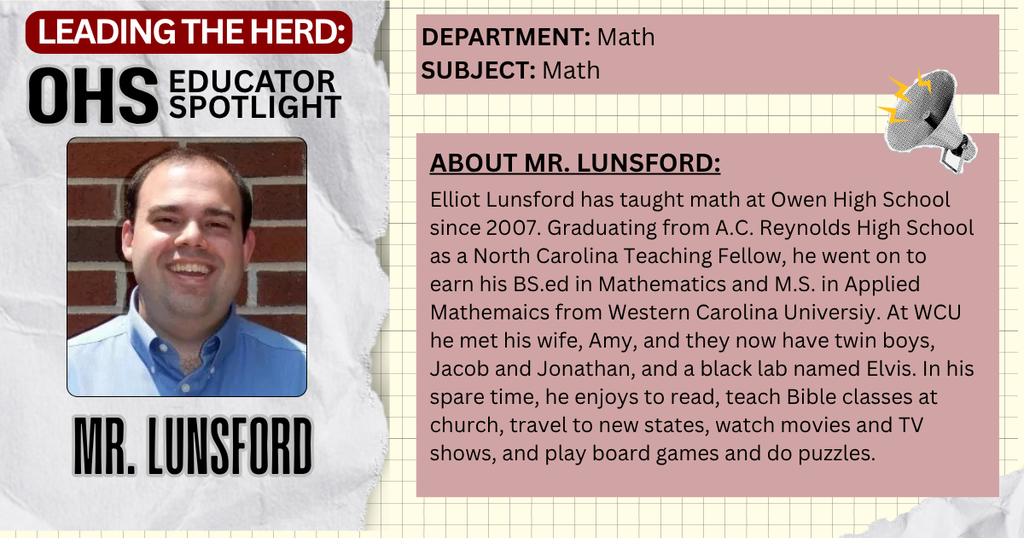 Leading the Herd Staff Spotlight: Photo and Bio info about Mr. Lunsford, Math teacher