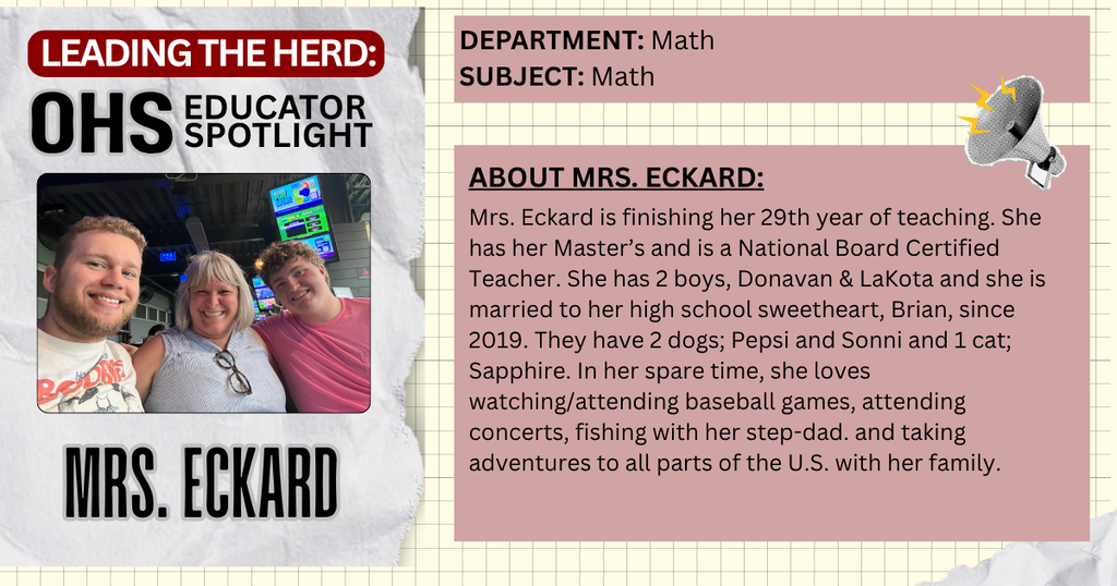 OHS Educator Spotlight: Photo and Bio info about Mrs. Eckard, OHS Math Teacher