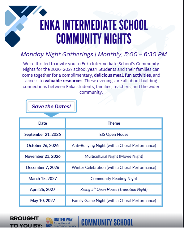United Way is thrilled to invite you to Enka Intermediate School’s Community Nights for the 2026–2027 school year! Students and their families can come together for a complimentary, delicious meal, fun activities, and access to valuable resources. These evenings are all about building connections between Enka students, families, teachers, and the wider community.