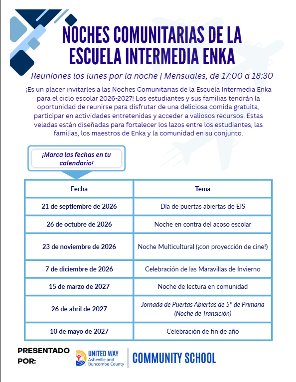 United Way is thrilled to invite you to Enka Intermediate School’s Community Nights for the 2026–2027 school year! Students and their families can come together for a complimentary, delicious meal, fun activities, and access to valuable resources. These evenings are all about building connections between Enka students, families, teachers, and the wider community.