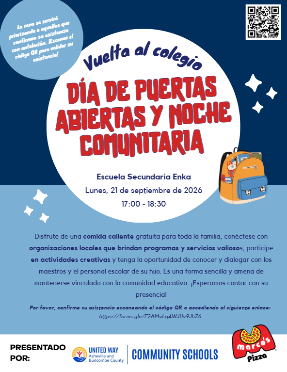 United Way is thrilled to invite you to Enka Intermediate School’s Community Nights for the 2026–2027 school year! Students and their families can come together for a complimentary, delicious meal, fun activities, and access to valuable resources. These evenings are all about building connections between Enka students, families, teachers, and the wider community.
