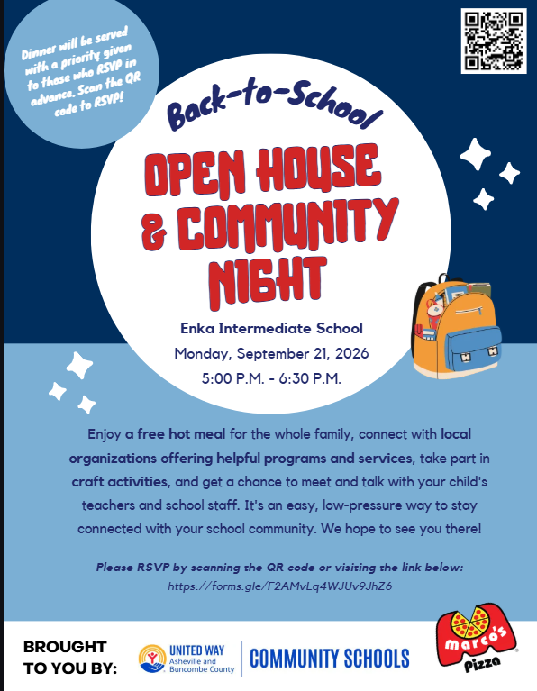 United Way is thrilled to invite you to Enka Intermediate School’s Community Nights for the 2026–2027 school year! Students and their families can come together for a complimentary, delicious meal, fun activities, and access to valuable resources. These evenings are all about building connections between Enka students, families, teachers, and the wider community.