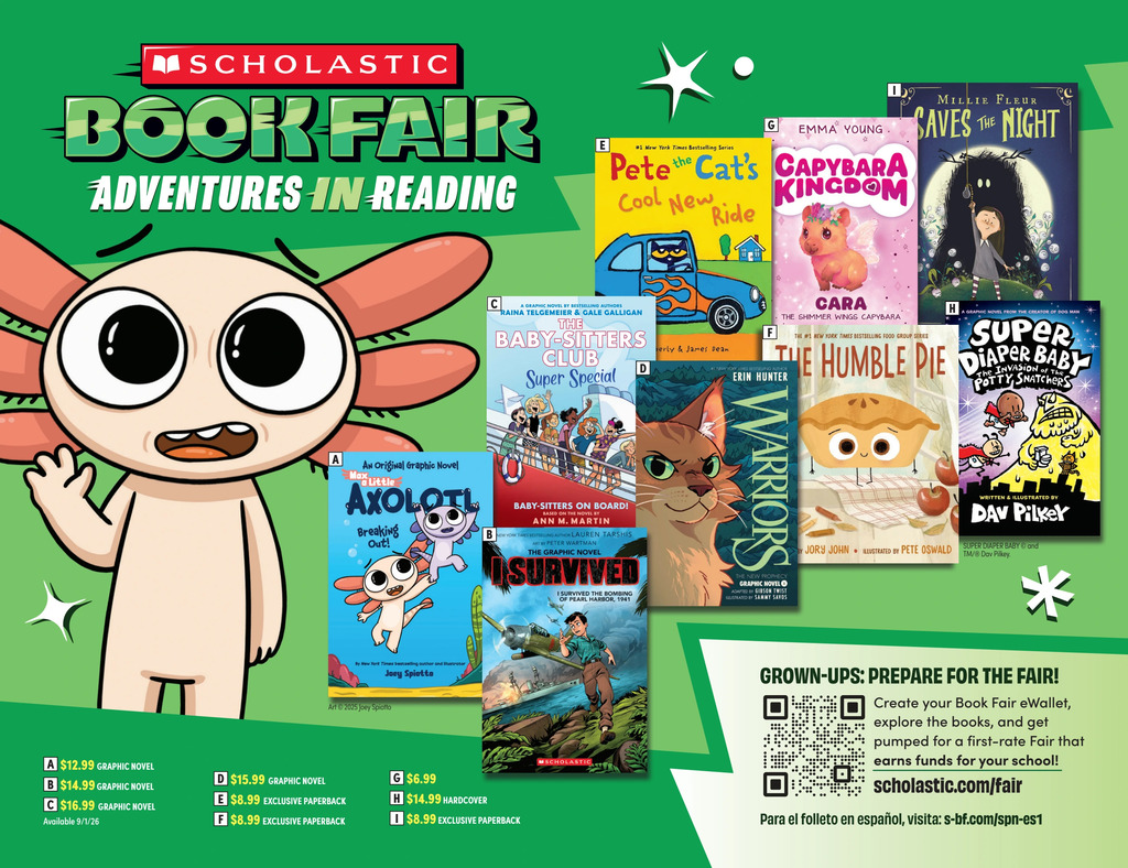 A flyer that reads: Scholastic Bookfair, Adventures in Reading. Flyer displays 9 books that will be available at the bookfair.
