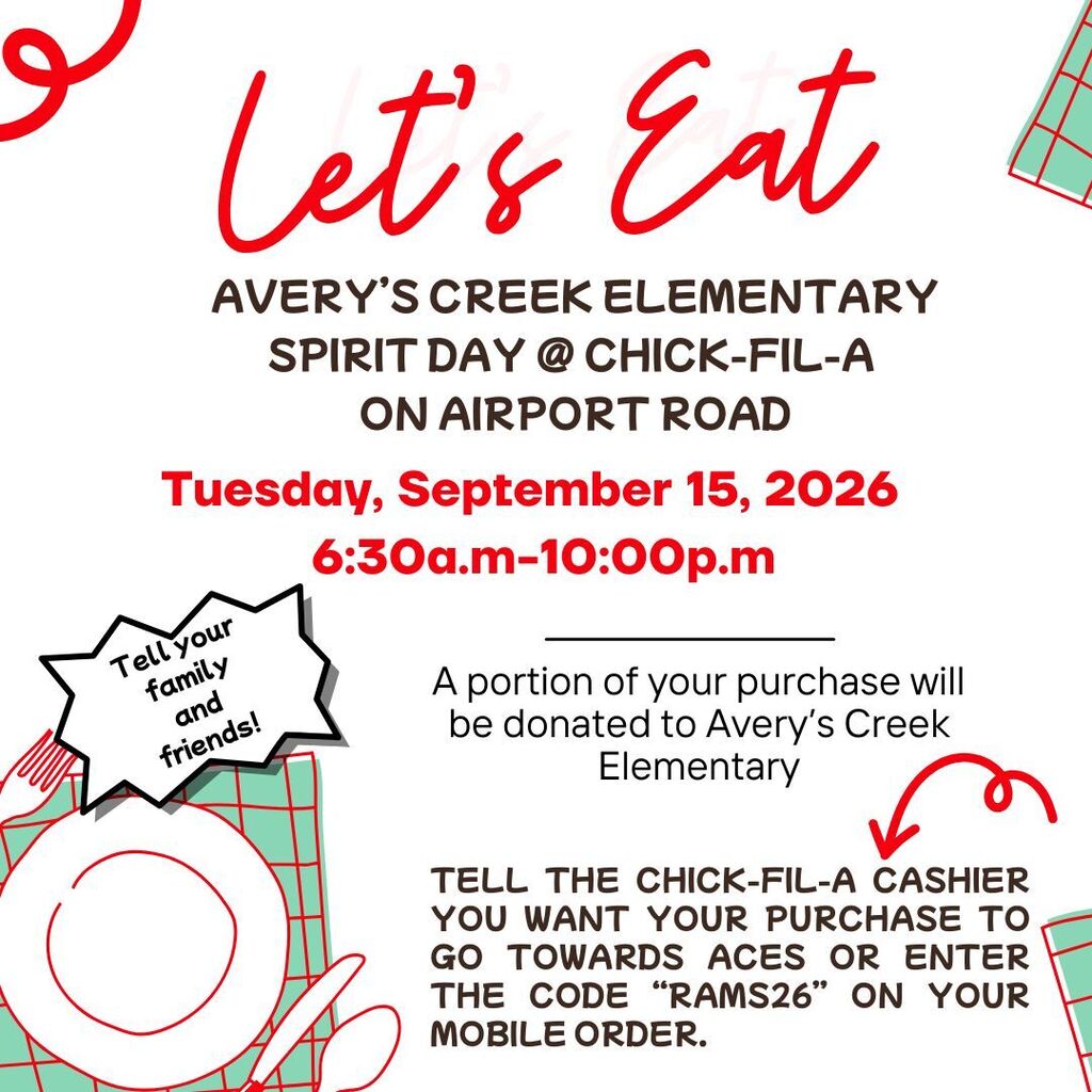 Post shows a flier communicating a Spirit Day event at the Chick-Fil-A on Airport Road on Tuesday, September 15th from 6:30 a.m.-10:00 p.m. Please be sure to mention you want your purchase to go towards ACES or enter the code RAMS26 on your mobile order.