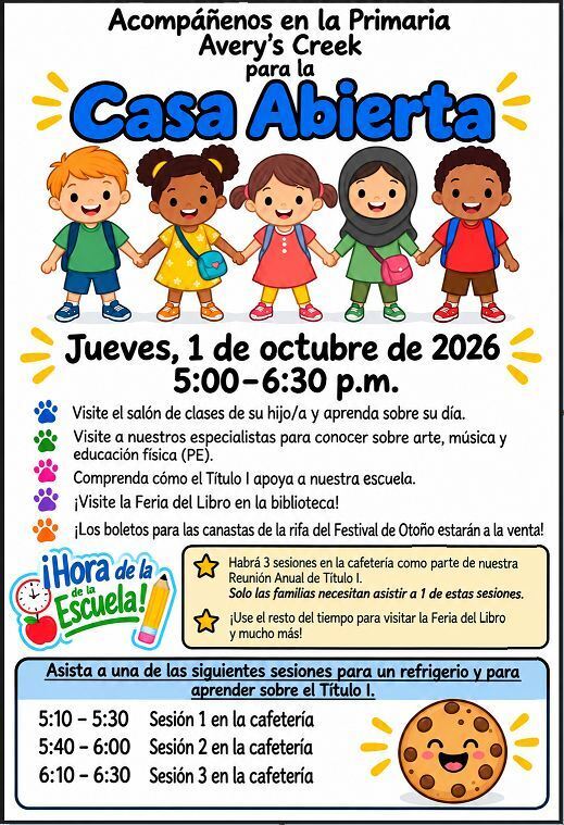 Image shows a flier in Spanish regarding ACES Open House on Thursday, October 1st from 5:00-6:30p.m. Families will visit classrooms, specials classes, and the Book Fair.