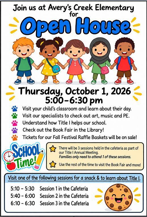 Shows a flier announcing ACES Open House on Thursday, October 1st from 5:00-6:30 pm.  Families will visit classrooms, check out the specials classes, the Book Fair, and have a snack in the Cafeteria while they learn about Title I.