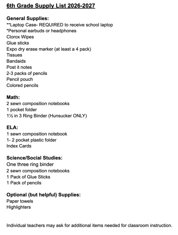 6th Grade Supply List