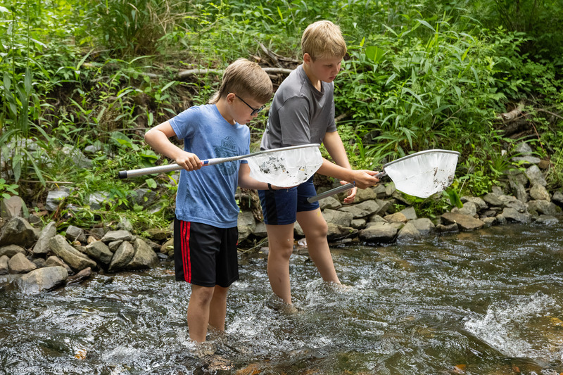 Two boys look at their nets while standing in the creek.