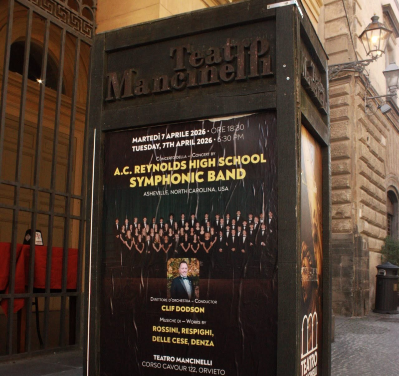 A sign advertising the Reynolds band performance outside a venue in Italy