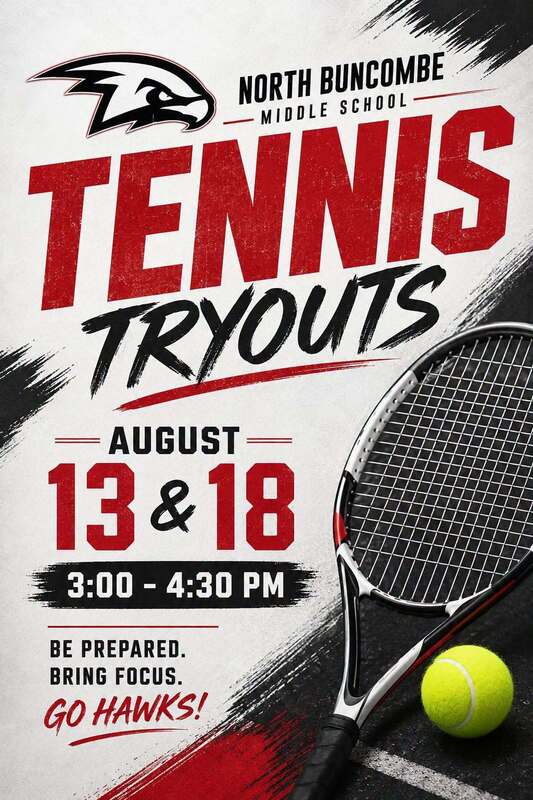 Image of information about Blackhawk Tennis Tryouts.  Tryouts will be held August 13 and 18 from 3:00 - 4:30 pm.
