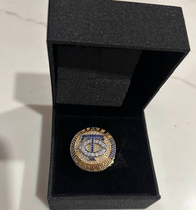 A close-up of a championship ring