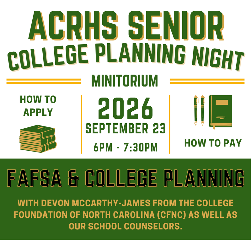 Green, gold and white image with books telling about college planning night