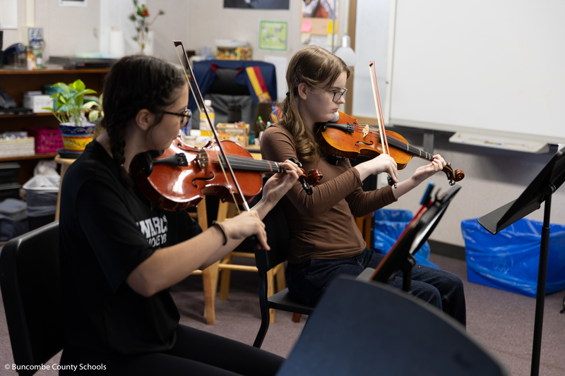 A girl playing the violin and a girl playing the viola.