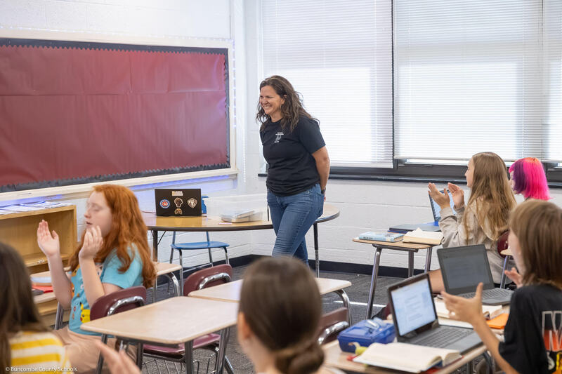 Megan Davis being surprised in a classroom.