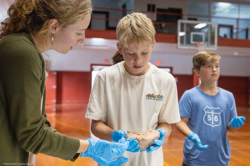 A boy and college student handle a human brain.