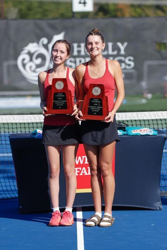 Natalia and Aubrey holding their awards for the state championship win.