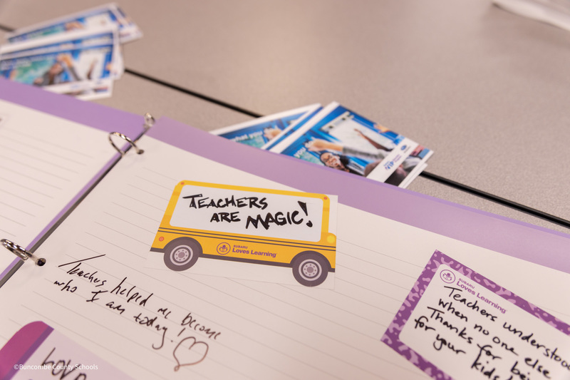 Close up of a note in the scrabook that says "Teachers are MAGIC!".